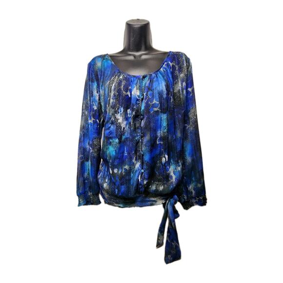 Women's Roz and Ali 18-20 Long Sleeve Tie Waist Scoop Neck Ruffled Flowing Blue - Picture 16 of 16
